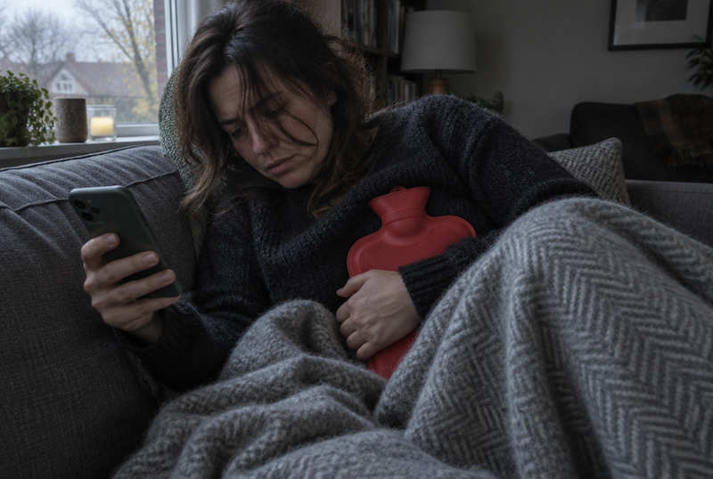 Kobieta pod kocem przytrzymuje zwykły termofor jedną ręką